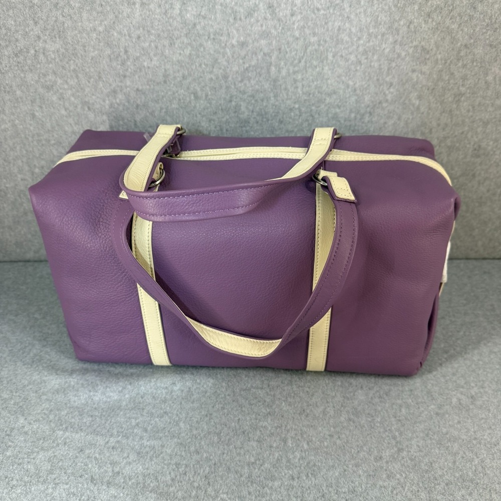 Levenger Leather Duffel Travel Weekend Touring Bag Grape Purple Cream Strap NEW
